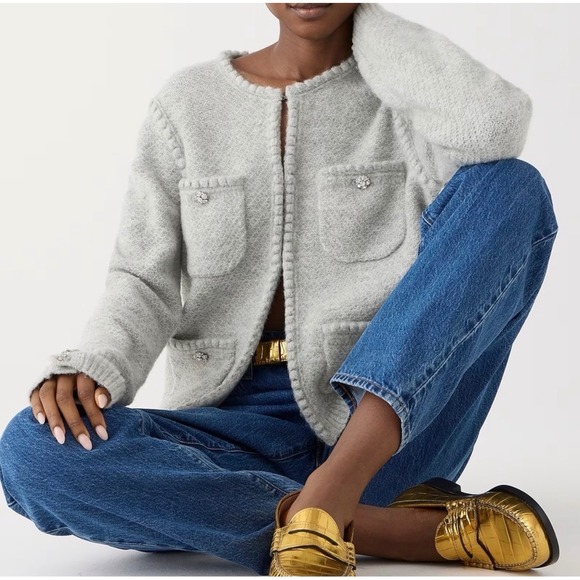 J. Crew Sweaters - J.Crew | 2023 Odette Sweater Lady Jacket L Gray Jewel Button Merino Alpaca BV762